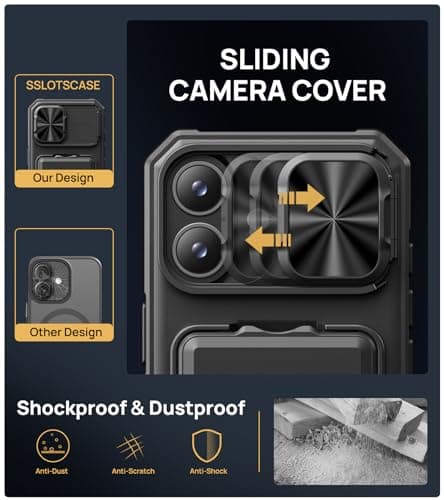 SSLOTSCASE for iPhone 17 Case with Card Holder & Kickstand & Slide Camera Lens Cover & Camera Stand & Wallet, Military-Grade Heavy Duty Hard Rugged Phone Case Cover for iPhone 17 6.3'' 5G 2025, Black — view 4