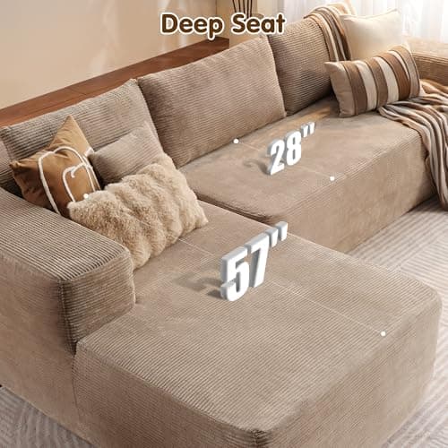 ovios 104" Cloud Boneless Couch with L-Shape Chaise,Modern Sectional Modular Sofa with Deep Seat, Upholstered Couches for Living Room Bedroom,No Assembly Required, Camel (Corduroy Fabric) — view 2