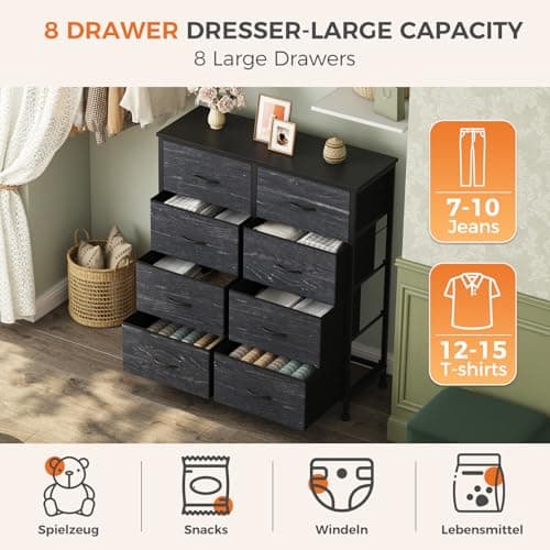 Sweetcrispy 8 Drawer Fabric Dresser for Bedroom, Tall Dresser, Black Wood — view 3