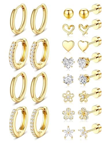 Hypoallergenic Gold Stud Earrings for Women - 14k Gold Plated Surgical Stainless Steel Flat back Earrings Set Small Huggie Hoop Flatback Earring for Sensitive Ears Screw Back Cartilage Piercing Jewelry