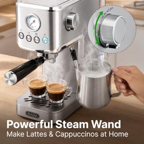 Zulay Magia Compact Espresso Machine – 20 Bar Small Espresso Machine with Milk Frother Steam, Latte & Cappuccino, Mini Espresso Machine 1350W Fast Heating, 40oz Water Tank, Stainless Steel – Silver — view 3
