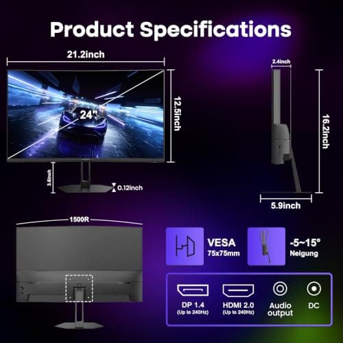 Amzfast 24" Curved Gaming Monitor, 240Hz 1ms 1080P, Adaptive Sync, 124% sRGB, 3000:1, HDR, 1500R, HDMI 2.0 & DP 1.4, Ultra-Slim Base – Keyboard Slides Underneath, Desk Space Saved – AMZG24C1 Pro — view 5