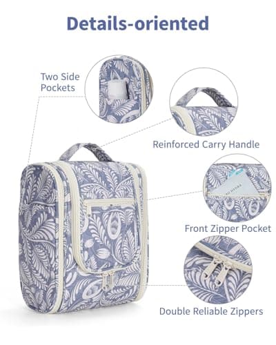 Narwey Small Hanging Toiletry Bag Women Travel Toiletries Makeup Bag Cosmetic Make up Bags for Travel Size Essentials Accessories (Medium, Blue Leaf) — view 5