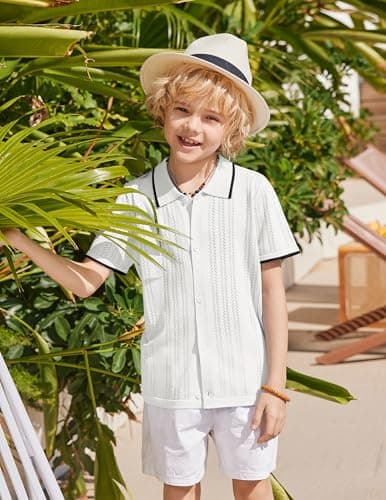 Arshiner Boys Button Down Shirt Short Sleeve Knit Shirt Summer Vintage Fashion Casual Beach Shirts for Kids 3-14 Years White — view 3