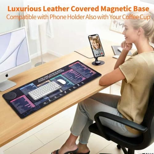 Magnetic Wireless Charging,Excel Cheat Sheet Mouse Pad with Phone Stand Extended Excel Shortcuts Desk Pad, Waterproof Ultra-Smooth Keyboard Mat, Non-Slip Base (Not Included Adapter 9V 2A) — view 4