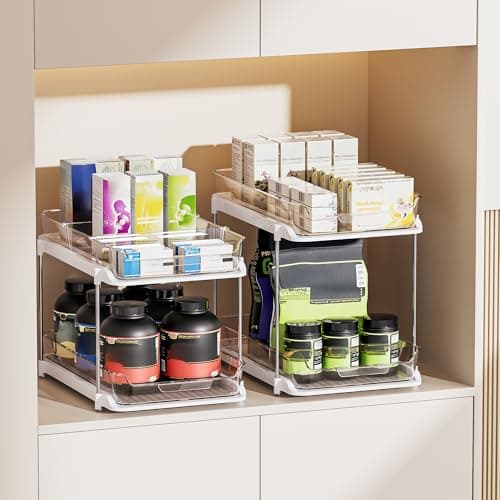 Delamu 2-Tier Multi-Purpose Bathroom Under Sink Organizers and Storage, Stackable Kitchen Pantry Organization, Pull Out Medicine Cabinet Organizer with Movable Dividers, White, 2 Pack — view 5