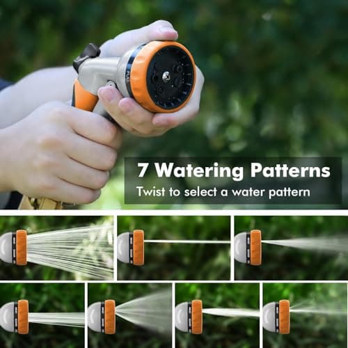 RESTMO Garden Hose Nozzle, Heavy Duty Metal Water Hose Nozzle with 7 Adjustable Spray Patterns, High Pressure Hand Sprayer with Flow Control, Best for Watering Plant & Lawn, Washing Car & Pet, Orange — view 2
