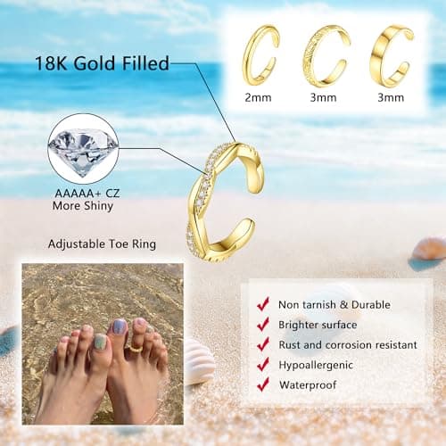 SONNYX 18K Gold Plated Gold Toe Rings for Women Adjustable Silver Toe Rings Foot Jewelry for Summer Beach Gold — view 3