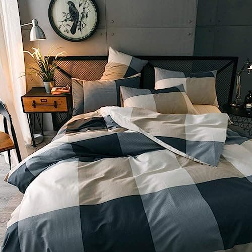 LifeTB Cotton Plaid Duvet Cover Full Size Geometric Grid Checkered Bedding Sets Modern Style 3 Piece Comforter for Men Women with Zipper Ties Full(80''x90'') — view 2