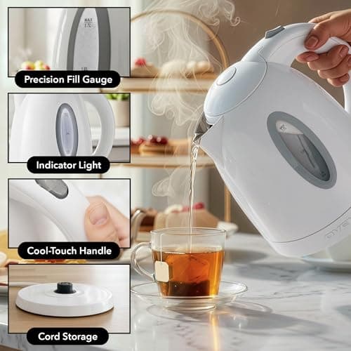 OVENTE Electric Kettle, 1.7L Fast Boiling Water Heater for Coffee or Tea, BPA Free with Water Level Gauge, Auto Shut-Off, Boil-Dry Protection, Indicator Light and Removable Filter, White KP72W — view 3