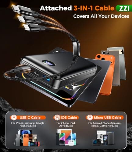 Portable Charger Power Bank, 60000mAh Battery Pack with 3 in 1 USB-C/iOS/Micro-USB Cable, 22.5W Fast Charging Portable Phone Charger, Travel Camping Essential Powerbank for iPhone 17/16 Samsung,Ebony — view 2