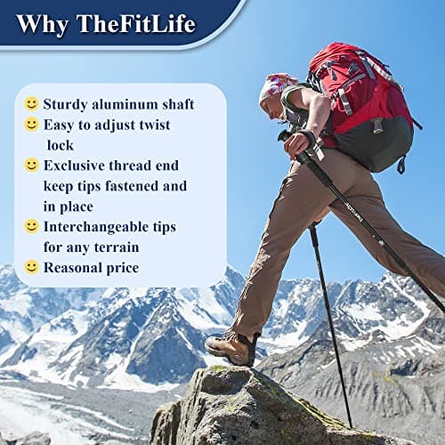 TheFitLife Nordic Walking Trekking Poles - 2 Packs with Antishock and Quick Lock System, Telescopic, Collapsible, Ultralight for Hiking, Camping, Mountaining, Backpacking, Walking, Trekking (Black) — view 2