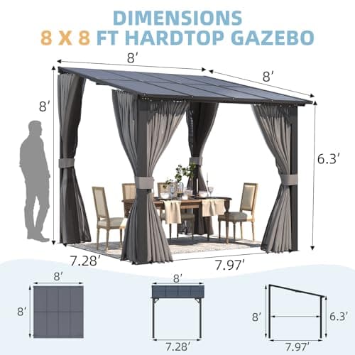 U-MAX 8' X 8' Gazebo for Patio, Small Wall-Mounted Lean to Pergola 8x8 Gazebo with Curtains and Netting, Hard Top Gazebos on Clearance for Lawn Backyard Garden Deck — view 3