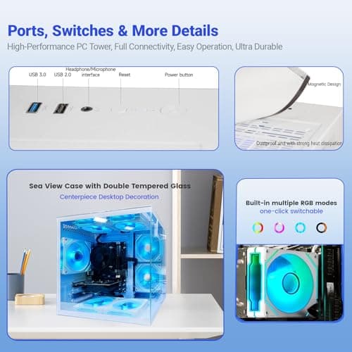 Qehi Prebuilt Desktop PC,Core i7 Processor Up to 4.0GHZ | 16G RAM | 256G SSD | WiFi 6 | 7 RGB Fans | Ready to use Computer Tower for Home and Office-White — view 3