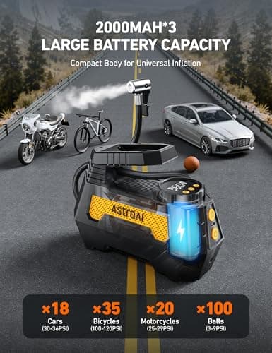 AstroAI H2 Pro Cordless Tire Inflator Portable Air Compressor Fully Upgraded Tire Inflator with DC 12V & Battery Dual Power Supplies Fast Inflation Air Pump for Car Tires Motorcycles Yellow — view 5