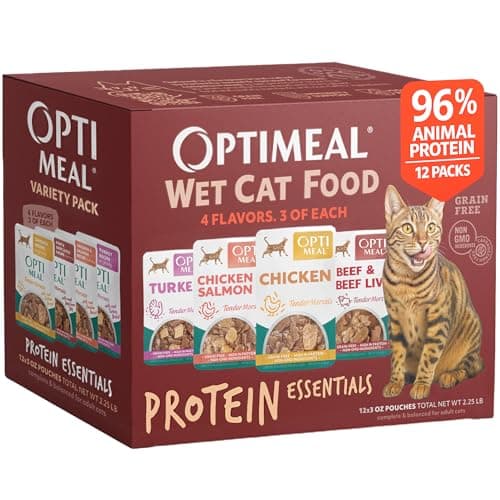 Optimeal Wet Cat Food Variety Pack - Savory Protein Selection, Grain Free Tender Morsels, High Protein Premium Nutrition Made with Natural European Ingredients, Adult Cat Pouches 3oz (Pack of 12)