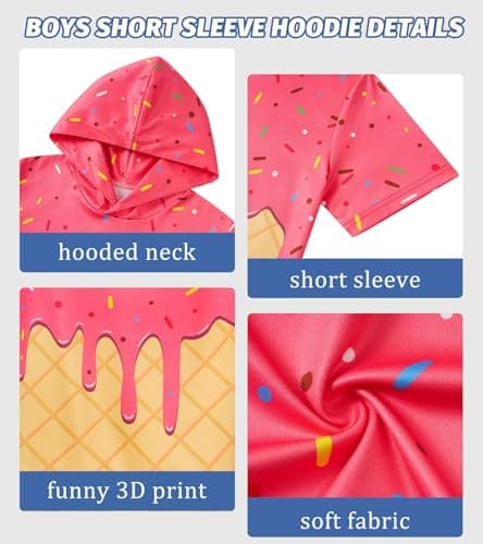 UNIFACO Funny Ice Cream Boys Hoodie Short Sleeve Sweatshirts Breathable Performance Shirts with Front Pouch Pocket Athletic Pullover, Pink and Yellow, 8 Years — view 4