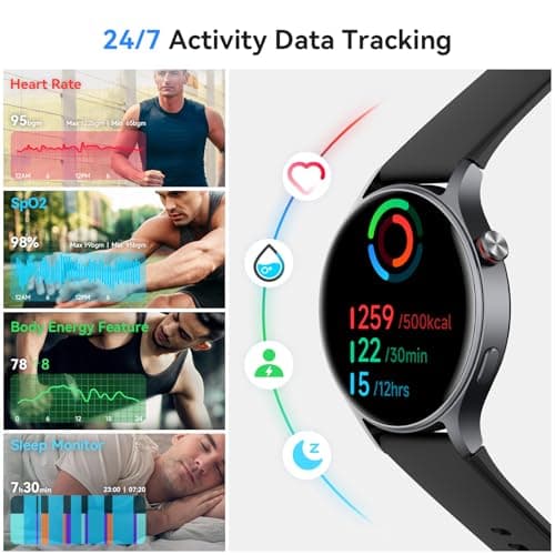 Smart Watch for Men Women, Answer/Make Call, 1.32'' AMOLED Screen Fitness Tracker with Heart Rate/Sleep/SpO2 Monitor, Smartwatch for iPhone/Samsung/Android, 110 Sport Mode, 3ATM Waterproof(Black)
