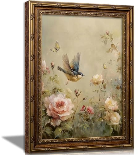Vintage Gold Framed Bird Wall Art Spring Cottagecore Painting Canvas Sparrow And Butterfly In The Rose Bush Picture Wall Decor Whimsical Floral Aesthetic Print Artwork For Living Room Bedroom