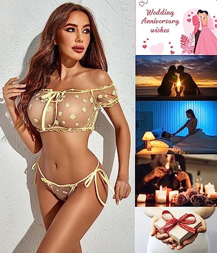 Avidlove Bra and Panty Set Ruffle Lingerie Set Mesh Babydoll Chemise (Yellow Daisy X-Large) — view 2