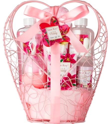 Spa Basket Gift for Women, Lily & Peony Home Shower Bath Kit, Personal Care Gift Set, Coconut & Honey Almond Beauty, Home Bath Pampering Luxury Bath and Body Home Spa Kit, Mother's Day Gifts for Mom — view 8