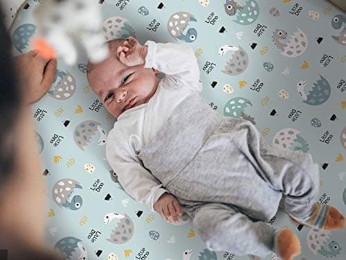 GRSSDER Stretchy Ultra Soft Jersey Knit Fitted Pack n Play Sheets Set 2 Pack, Portable/Mini Crib Sheets for Boys, Universal Fit for Pack N Plays Safe and Snug, Happy Dinosaurs for Baby — view 4