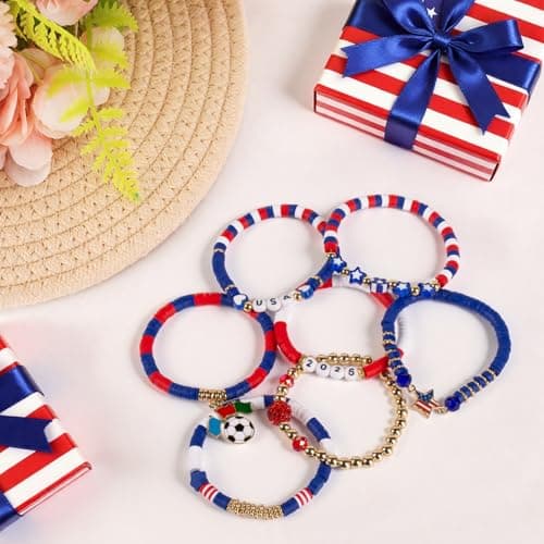 LAVORYNA 2026 Soccer Fan Gear Bracelet Set For Women Souvenirs, National Flag & Soccer Charms Heishi Bead Jewelry Outfits Clothes Styling Accessories For Party Gifts - USA — view 4