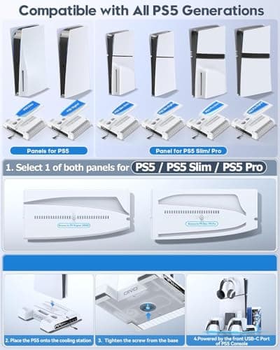 PS5 / PS5 Slim / PS5 Pro Stand and Cooling Station with LED Controller Charging Station for PlayStation 5 Console, PS5 Controller Charger, PS5 / PS5 Slim / PS5 Pro Accessories with 3 Level Cooling Fan