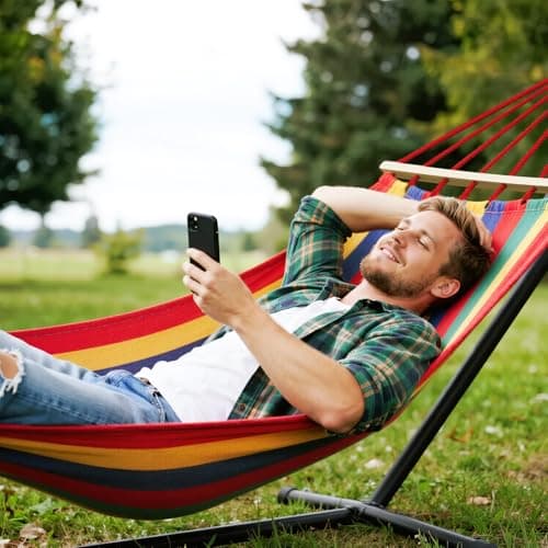 MOSFiATA Camping Hammock 550lb Upgraded Thickened 320G Durable Canvas Fabric Single Hammocks with Two Anti Roll Balance Beam and Sturdy Metal Knot Tree Straps for Camping, Patio, Backyard, Outdoor — view 4
