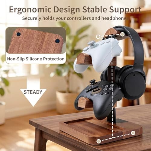 ManManLine Solid Wood Headphone Stand with Controller Holder, Space-Saving Dual Hanger & Gamepad Organizer for Desktop, Gaming Desk Accessories with Stable Base Storage — view 2