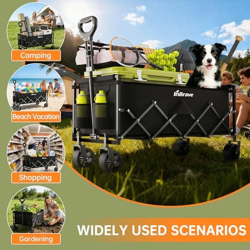 MarBreeze Extra Long Folding Wagon with Big All-Terrain Wheels, 480LBS Load Capacity Foldable Wagon, Portable Lightweight Utility Wagon for Camping, Grocery, Beach, Garden (Black)
