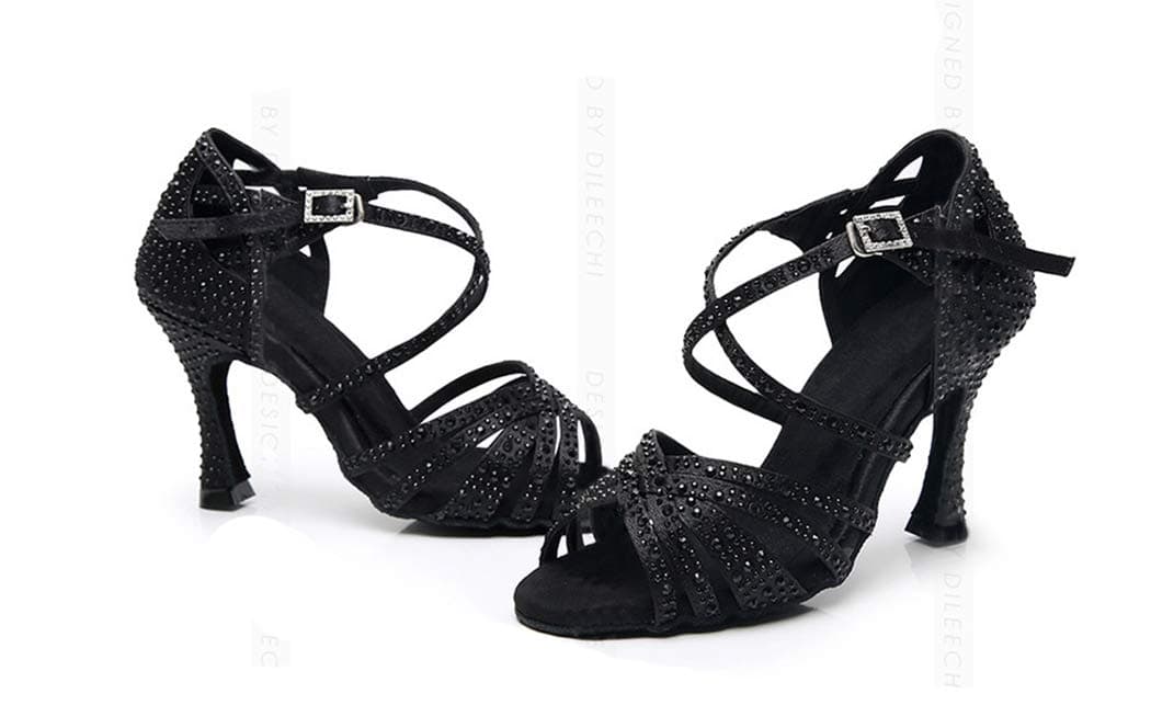 MGM-Joymod Sandalias de baile moderno latino con correa cruzada para mujer, con diamantes de imitación de tango social, bailes, Tacón marrón de 9 cm. — view 5