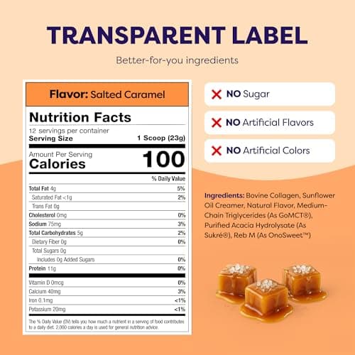 Salted Caramel Protein Coffee Creamer - Grass Fed Pasture Raised Collagen - Hair, Skin & Nail Support, Energy-Boosting MCTs, Keto Friendly, Lactose Free & Gluten Free, No Added Sugar, 11g of Protein
