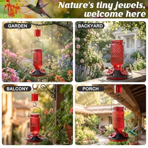 FEED GARDEN Glass Hummingbird Feeder for Outdoors Hanging, 16 oz Leak-Proof Nectar Feeder with Bee Guards & Ant Moat, 4 Metal Flower Feeding Ports, 360° Perch Ring, Easy Refill & Clean, Red — view 5