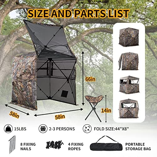 FUNHORUN Hunting Blind 360 Degree See Through Ground Blind for Deer/Turkey Hunting, 2/3 Person Pop Up Camouflage Tent with Chair, Portable Concealed Shelter with Carrying Bag — view 4