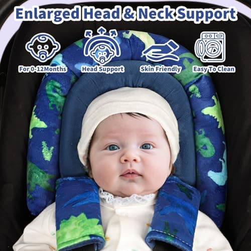 Baby Car Seat Head Support with Extra Headrest, 2-in-1 Babybody Supports with Shoulder Pads Set for Newborn, Adjustable Infant Car Seat Insert Compatible with Stroller, Baby Swing (Dinosaur) — view 3