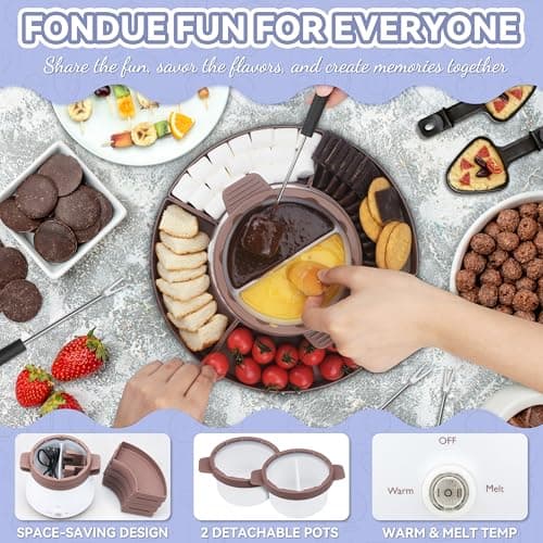 Party Desserts Electric Fondue Pot Set with 2 Pots, Melting Chocolate Warmer for Dipping, Candy & Chocolate Melting Pot, Fondue Pot Electric Set, Fondue Forks Included, 2.5 Cups, Brown — view 2