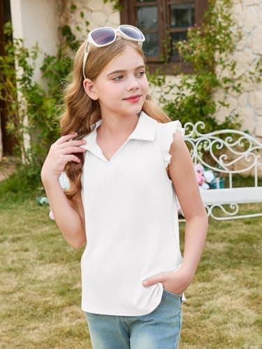 Haloumoning Girls Ruffle Short Sleeve Polo Shirt Kids V-Neck Golf Tennis Shirts Tops School Uniform Tees 5-14 Years White — view 4