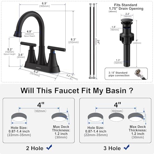 Bathroom Faucets for Sink 3 Hole, Hurran 4 inch Matte Black Bathroom Sink Faucet with Pop-up Drain and 2 Supply Hoses, Stainless Steel Lead-Free 2-Handle Centerset Faucet for Bathroom Sink Vanity RV — view 4