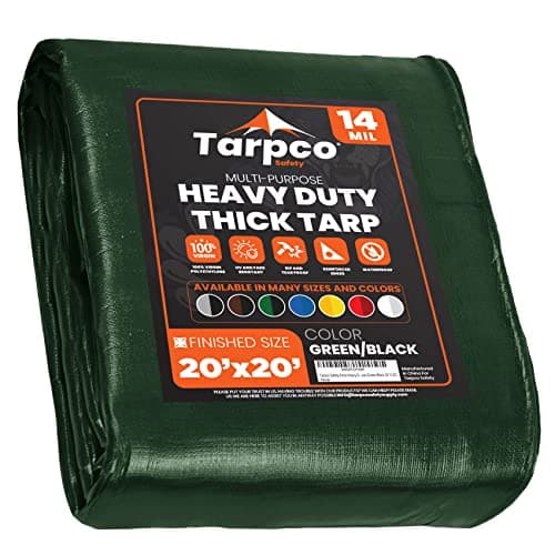 Tarpco Safety Extra Heavy Duty 14 Mil Tarp Cover, Waterproof, UV Resistant, Rip and Tear Proof, Poly Tarpaulin with Reinforced Edges for Roof, Camping, Patio, Pool, Boat (Green/Black 20′ X 20′)