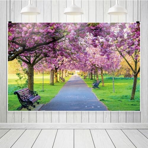 Leowefowa Spring Garden Backdrops for Photography Vinyl 10x8ft Pink Cherry Blossom Flower Background Jungle Forest Trees Plants Green Grassland for Wedding Ceremony Party Decor Banner Photo Props — view 2