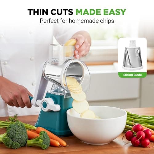 Nutrichef 3 in 1 Cheese Grater & Shredder | Strong Suction Base, Rotary Handle with Safety Lock | Includes Hand Crank & 3 Drum Blades for 3 Textures, Fine, Medium & Strips | Teal — view 5