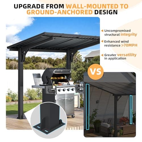 U-MAX 8' x 5' Outdoor Lean to Grill Gazebo Hardtop Pergola for Patio, 5x8 Freestanding Carport Pergolas and Gazebos Clearance, Small Heavy Duty Galvanized Steel Roof Awnings for Decks, Backyard — view 3