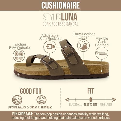 CUSHIONAIRE Luna Sandals for Women, Cork Footbed Womens Sandals for Summer Comfort with Adjustable Straps, Wide Width Available, BROWN 8.5 — view 3