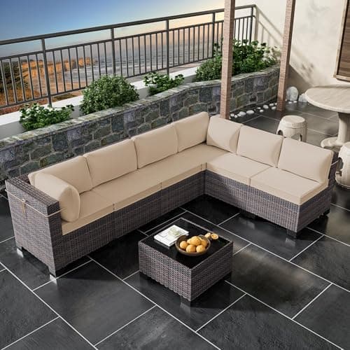 RTDTD 7 Pieces Outdoor Patio Furniture Set,Outdoor Sectional Furniture All Weather PE Rattan Wicker Patio Conversation Set with Coffee Table and 6 Thickened Cushions,Brown — view 5