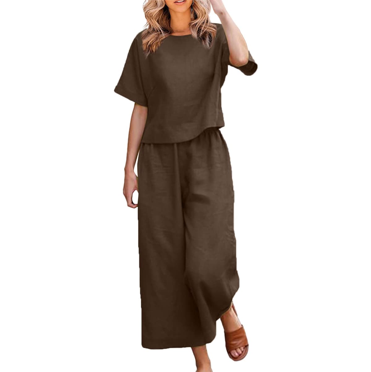 Womens 2 Piece Outfits Summer Linen Sets Short Sleeve V Neck Cropped Top Wide Leg Capris Pants Beach Lounge Sets