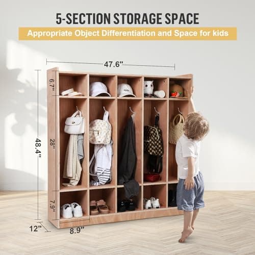 5-Section Classroom Coat Locker, Cubby Storage Organizer with 4 Casters, 5 Hooks & 2 Storage Boxes, Heavy-Duty Plywood Daycare Furniture for Preschool & Kids Entryway — view 2