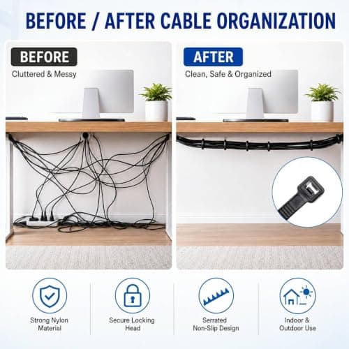 Zip Ties 12 inch, 100 Pack Heavy Duty Black Zip Ties with 120 lbs Tensile Strength, Self-Locking Nylon Cable Ties,Wire Ties for indoor and outdoor use. — view 4