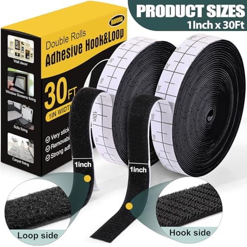 Navona 30Ft x 1 Inch Hook and Loop Strips with Adhesive, Heavy Duty Self Adhesive Hook and Loop Tape with Measuring Scale Backing for Home, Office, School & DIY Projects, Black