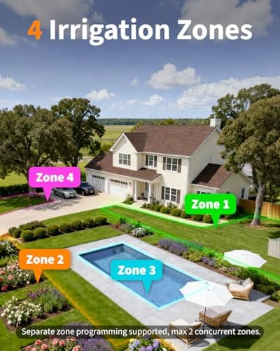 Diivoo 4 Zones WiFi Water Timer with Brass Inlet, Smart Sprinkler Hose Timer 4 Outlets Compatible with Alexa/Google Assistant, 24 Irrigation Plans, Rain Delay & Mist Mode for Garden Lawns — view 3